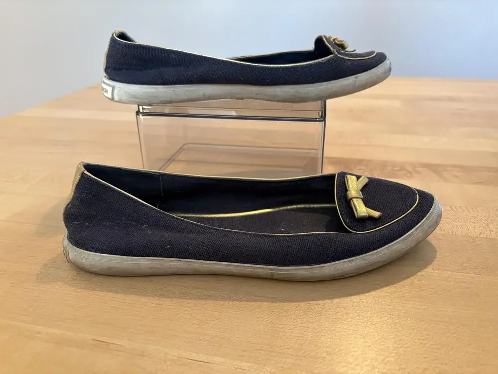 Tory Burch Shoes Womens Size 6 Navy Gold Logo Canvas Bow Ballet Flats Casual